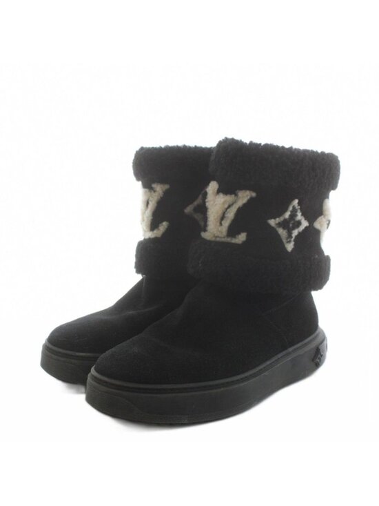 Louis Vuitton Suede Calfskin Shearling Snowdrop Flat Ankle  Louis Vuitton Snowdrop Flat Ankle Boot LV Logo Short Boots 36.5 Black